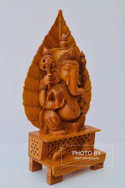 Sandalwood Fine Hand Carved Ganesh Statue on Leaf - Arts99 - Online Art Gallery