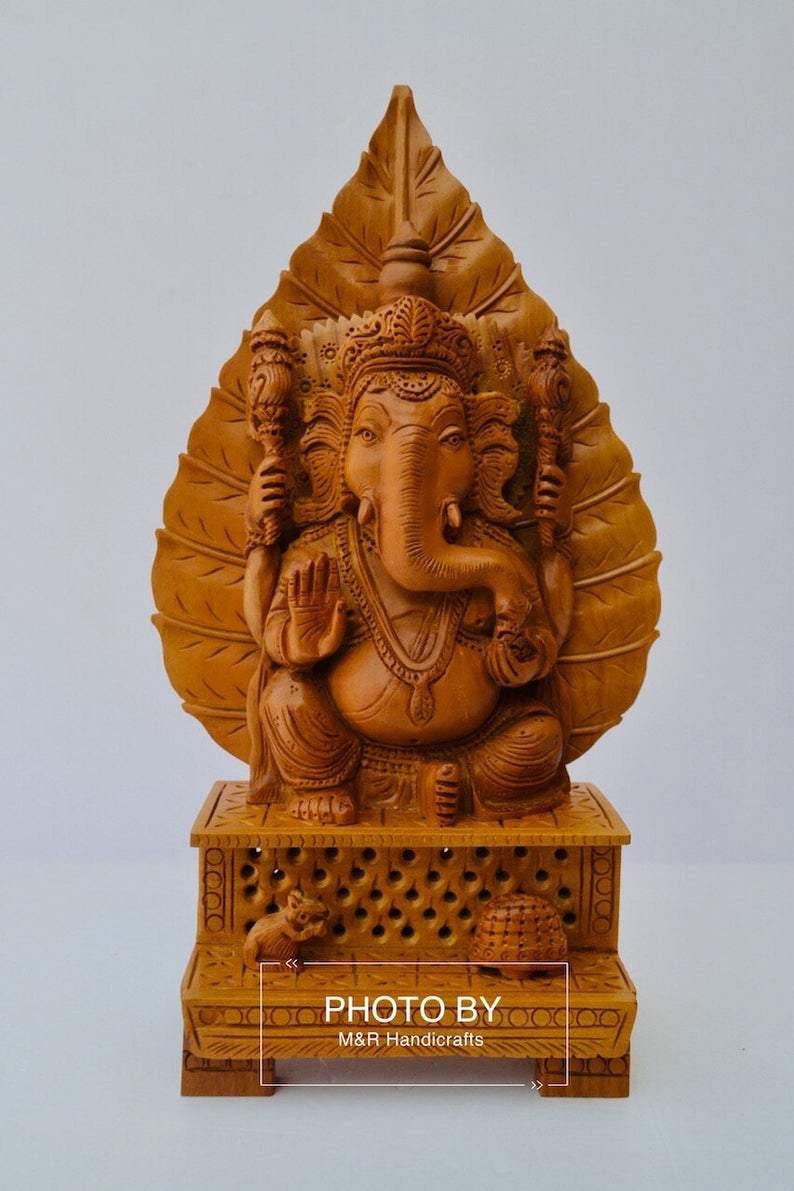 Sandalwood Fine Hand Carved Ganesh Statue on Leaf - Arts99 - Online Art Gallery