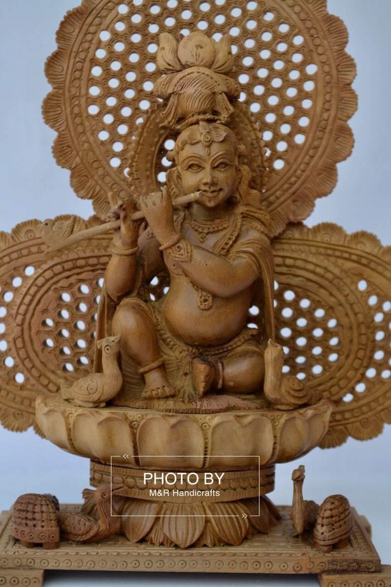Sandalwood Carved Baby Krishna Statue with Unique Base - Arts99 - Online Art Gallery
