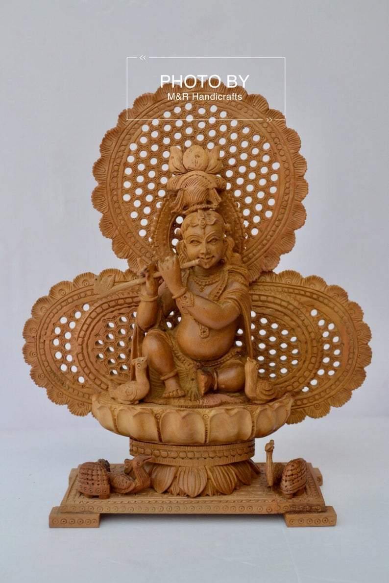 Sandalwood Carved Baby Krishna Statue with Unique Base - Arts99 - Online Art Gallery