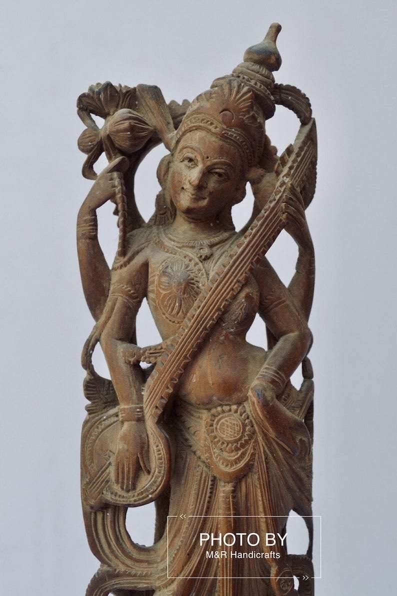 Vintage Sandalwood Carved Rare Goddess Saraswati Statue - Arts99 - Online Art Gallery