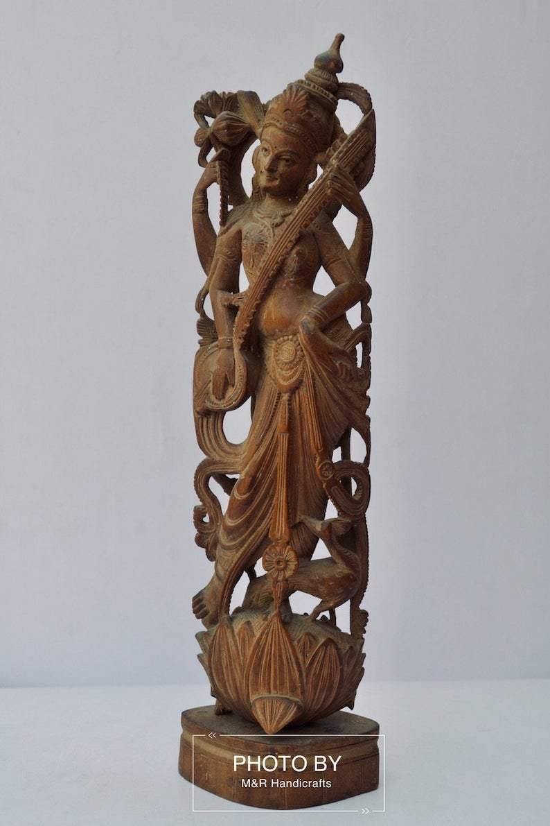 Vintage Sandalwood Carved Rare Goddess Saraswati Statue - Arts99 - Online Art Gallery