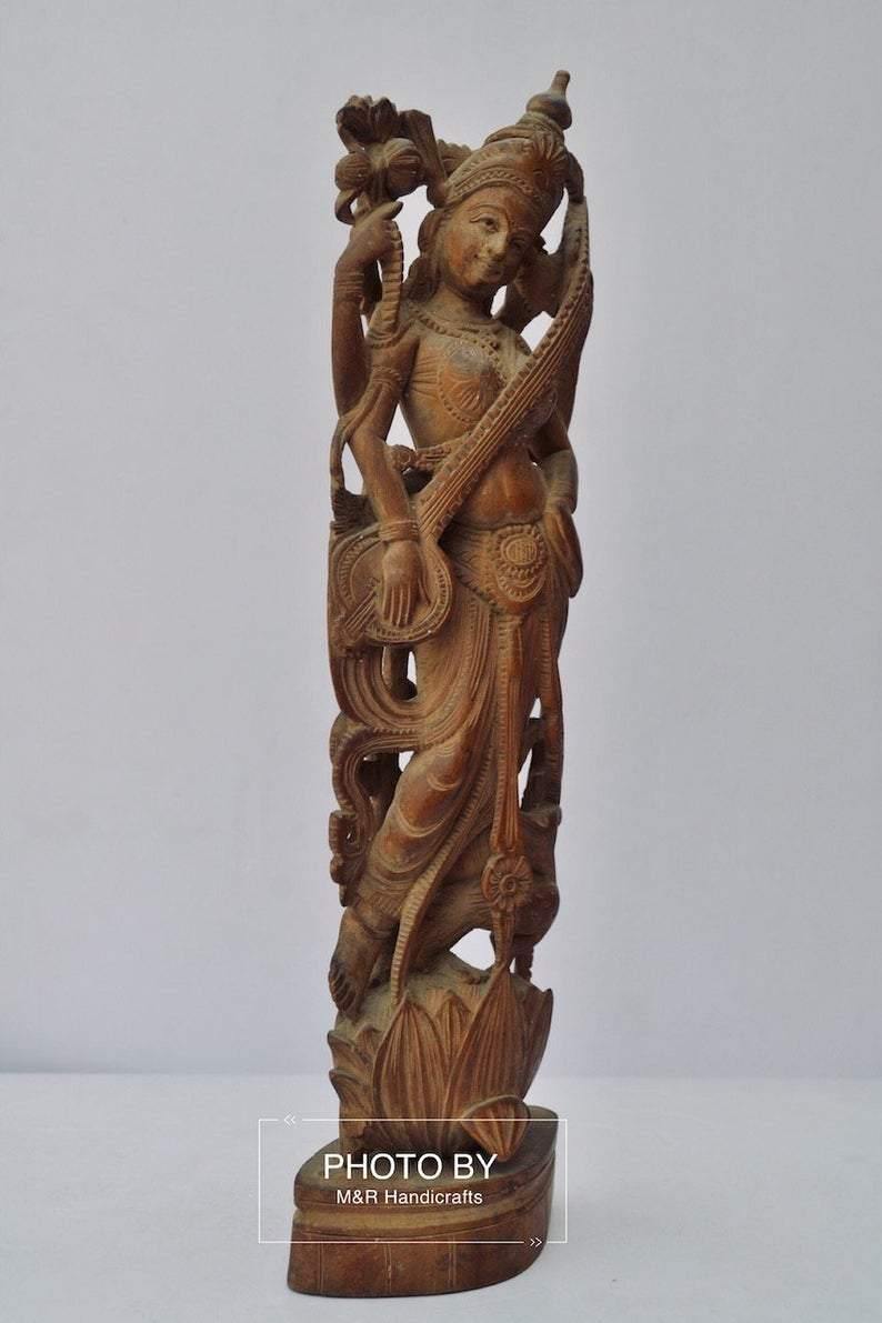 Vintage Sandalwood Carved Rare Goddess Saraswati Statue - Arts99 - Online Art Gallery