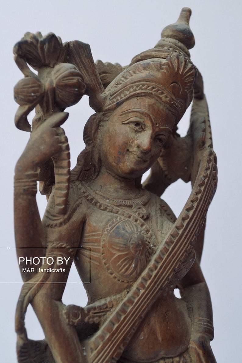 Vintage Sandalwood Carved Rare Goddess Saraswati Statue - Arts99 - Online Art Gallery