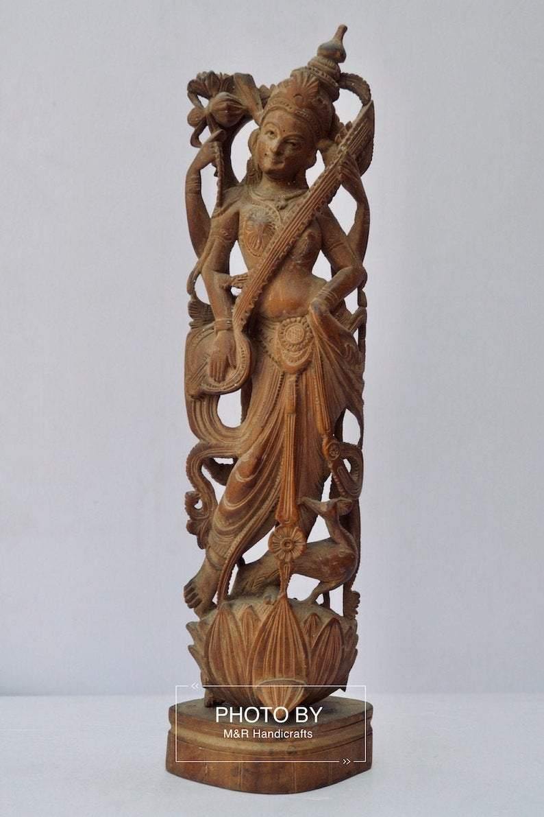 Vintage Sandalwood Carved Rare Goddess Saraswati Statue - Arts99 - Online Art Gallery