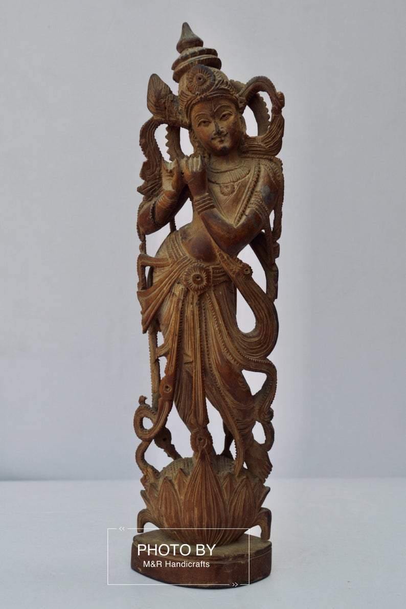 Vintage Sandalwood Carved Rare Lord Krishna Statue - Arts99 - Online Art Gallery