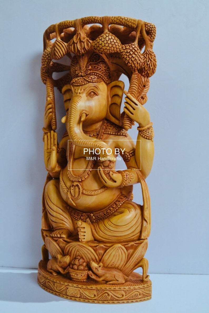 Wooden Fine Carved Ganesha Statue Under Tree - Arts99 - Online Art Gallery