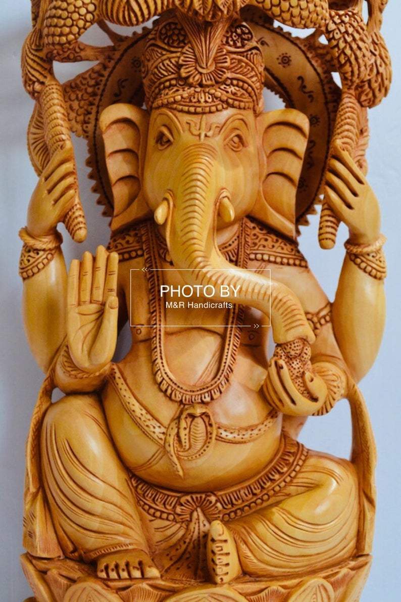 Wooden Fine Carved Ganesha Statue Under Tree - Arts99 - Online Art Gallery