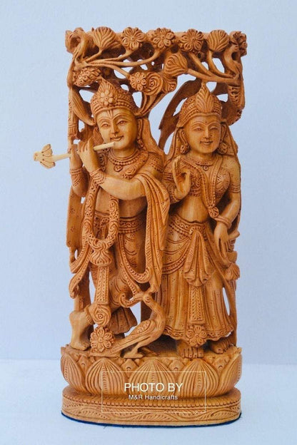 Wooden hand carved radha krishna jodi under tree - Arts99 - Online Art Gallery