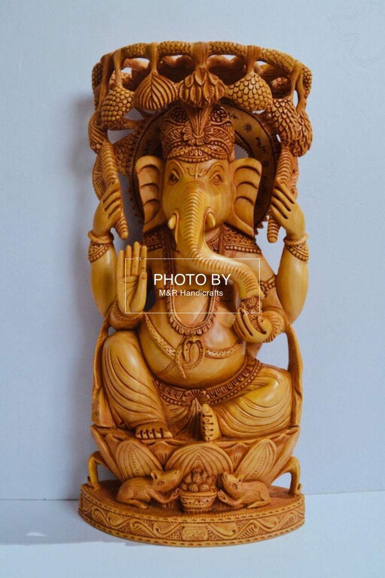 Wooden Fine Carved Ganesha Statue Under Tree - Arts99 - Online Art Gallery