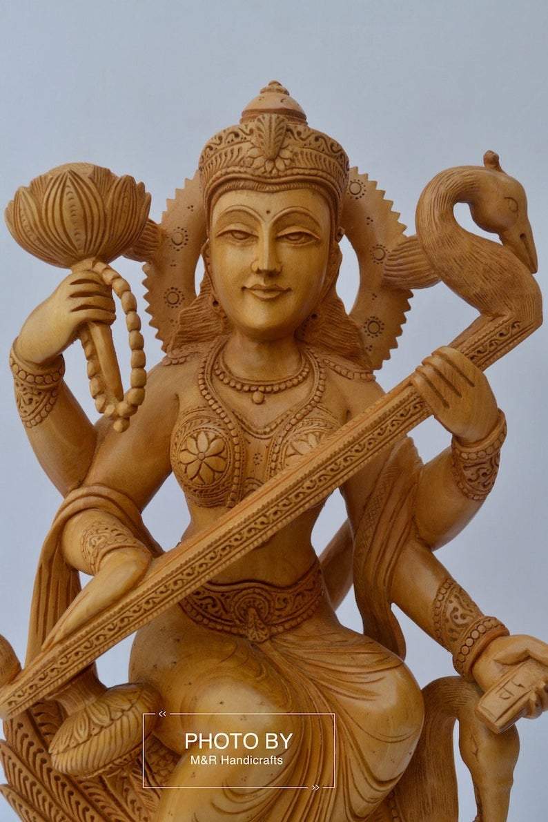 Beautifully Hand Carved Wooden Goddess Saraswati Statue - Arts99 - Online Art Gallery