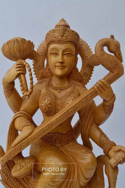 Beautifully Hand Carved Wooden Goddess Saraswati Statue - Arts99 - Online Art Gallery