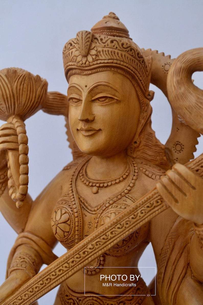 Beautifully Hand Carved Wooden Goddess Saraswati Statue - Arts99 - Online Art Gallery