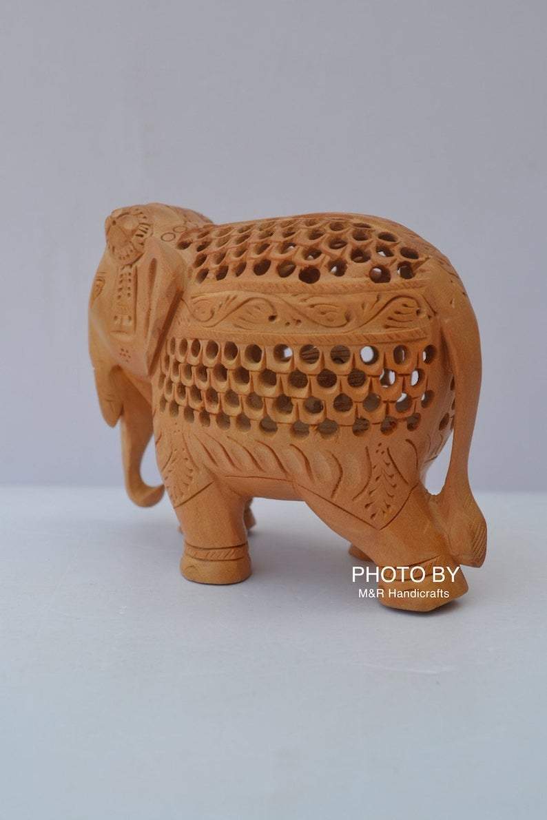 Wooden Fine Hand Carved Jewellery Elephant Under Cut Statue - Arts99 - Online Art Gallery
