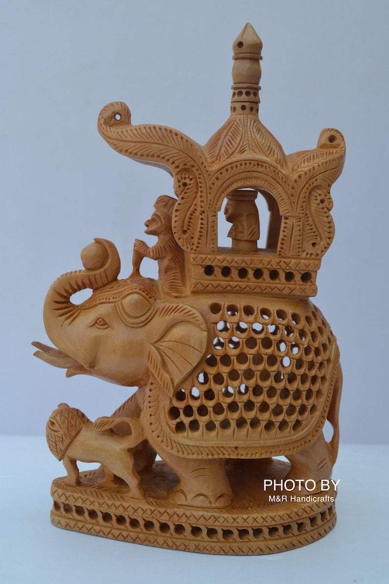 Wooden Hand Carved Under Cut Ambabari Elephant Statue - Arts99 - Online Art Gallery