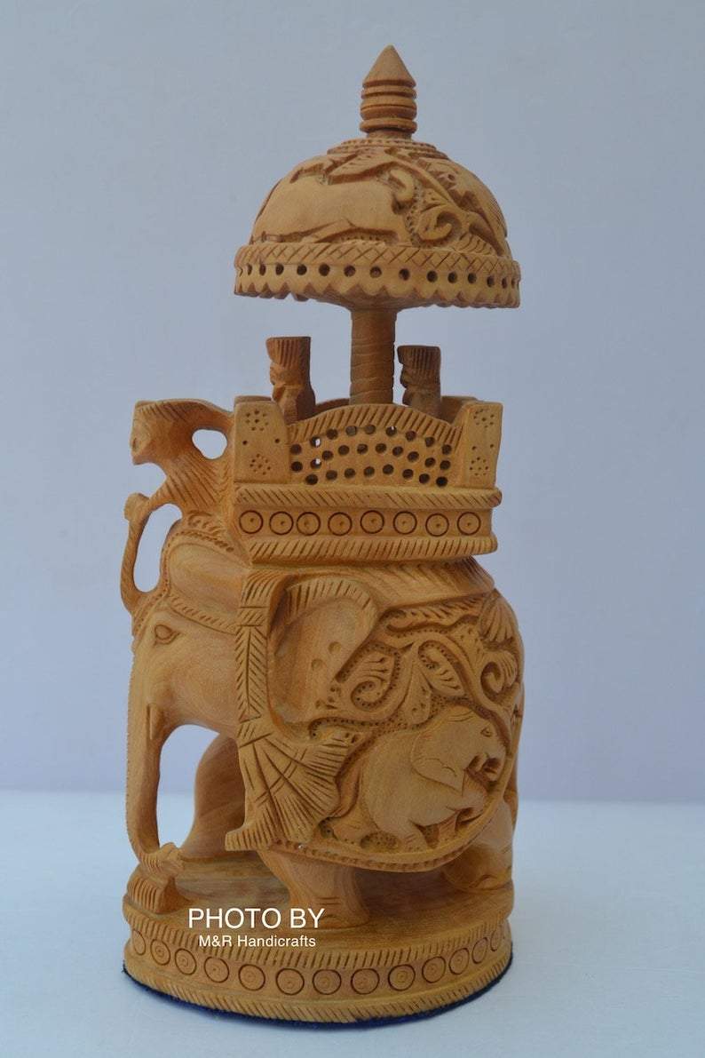 Wooden Hand Carved Round Ambabari Elephant Safari Statue - Arts99 - Online Art Gallery