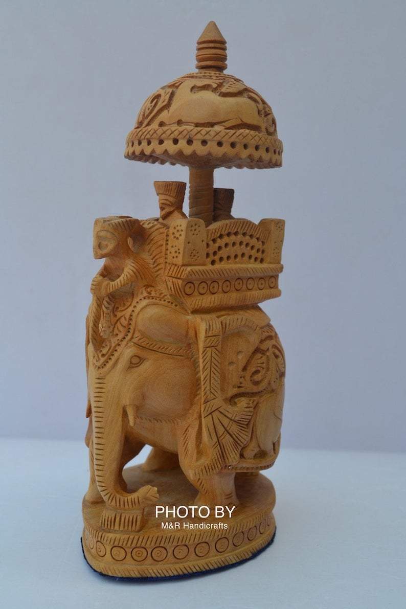 Wooden Hand Carved Round Ambabari Elephant Safari Statue - Arts99 - Online Art Gallery