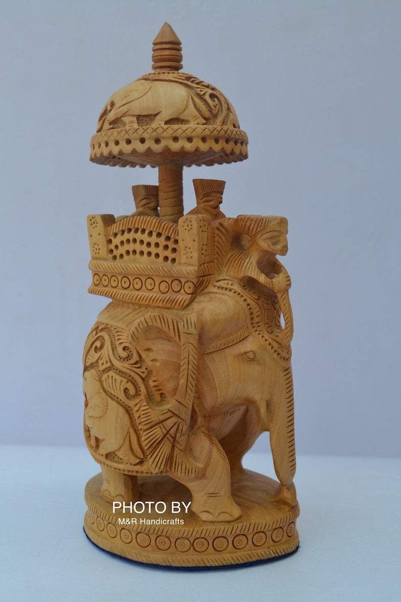 Wooden Hand Carved Round Ambabari Elephant Safari Statue - Arts99 - Online Art Gallery