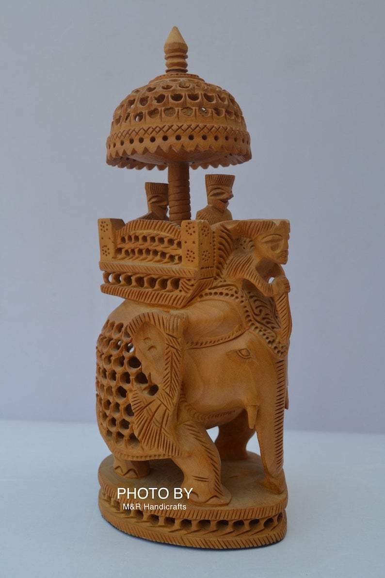 Wooden Carved Under Cut Round Ambabari Elephant Statue - Arts99 - Online Art Gallery