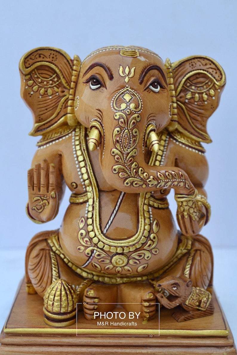 Wooden Hand Painted Baby Ganesha Statue - Arts99 - Online Art Gallery
