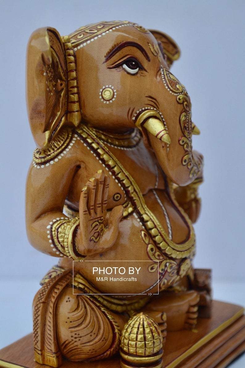 Wooden Hand Painted Baby Ganesha Statue - Arts99 - Online Art Gallery