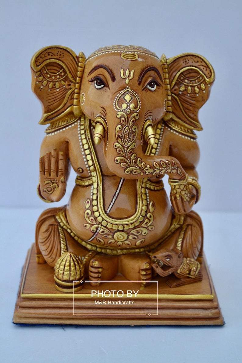 Wooden Hand Painted Baby Ganesha Statue - Arts99 - Online Art Gallery