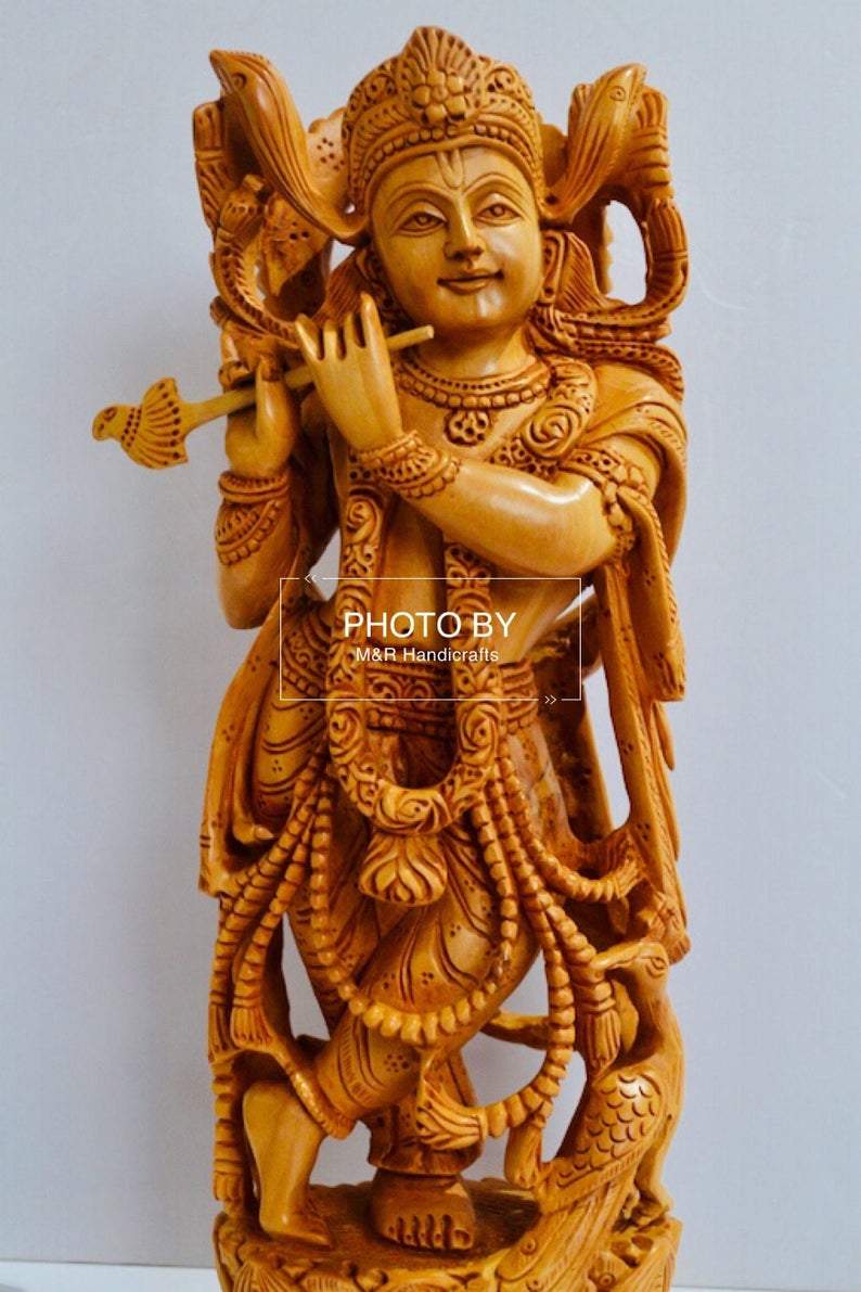 Wooden Fine Hand Carved Standing Krishna Statue - Arts99 - Online Art Gallery