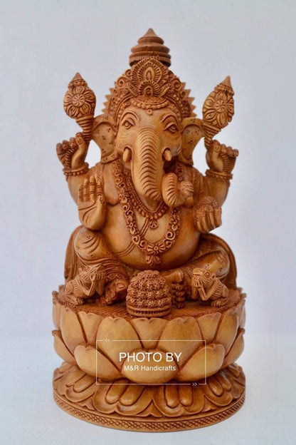 Sandalwood Fine Hand Carved Ganesha Statue on Lotus - Arts99 - Online Art Gallery