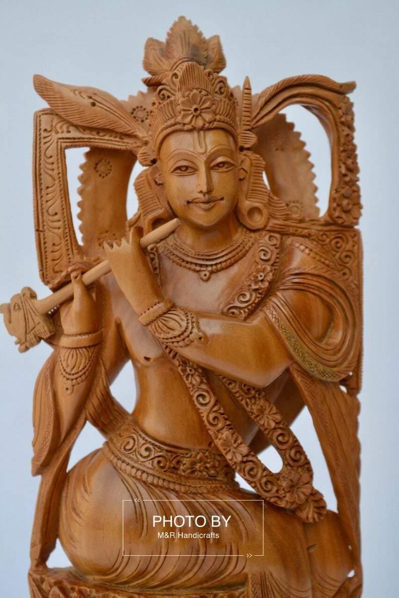 Sandalwood Very Fine Carved Sitting Lord Krishna Statue - Arts99 - Online Art Gallery