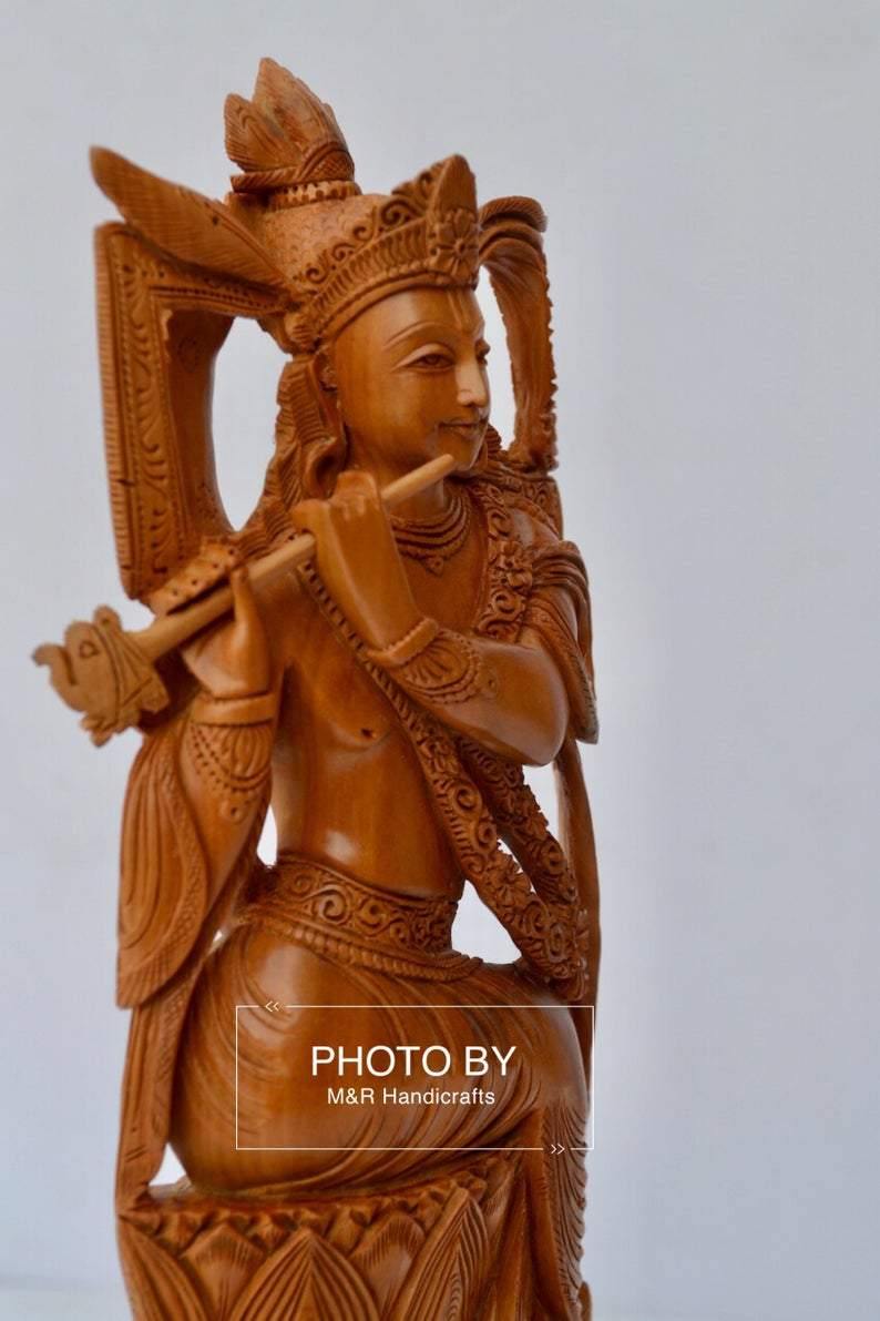 Sandalwood Very Fine Carved Sitting Lord Krishna Statue - Arts99 - Online Art Gallery