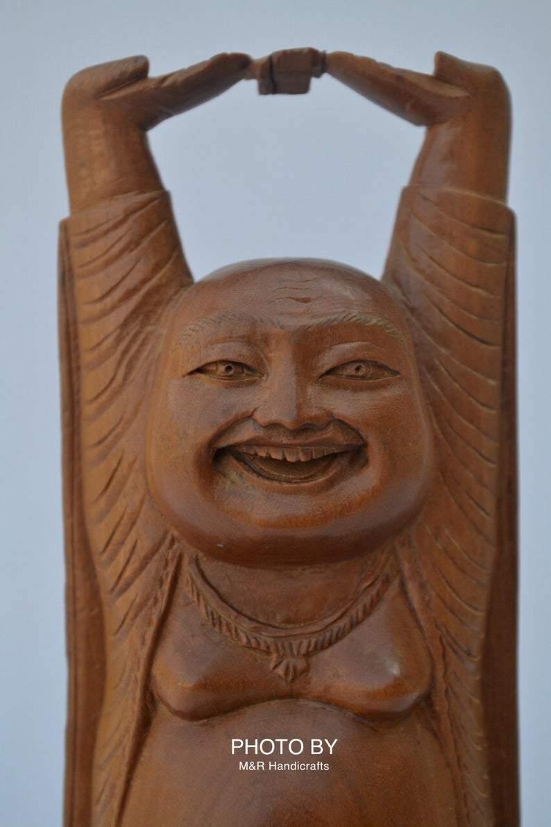 Vintage Sandalwood Carved Happy Man Laughing Buddha Statue - Arts99 - Online Art Gallery