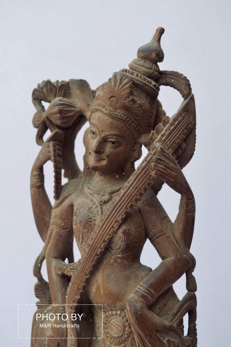 Vintage Sandalwood Carved Rare Goddess Saraswati Statue - Arts99 - Online Art Gallery