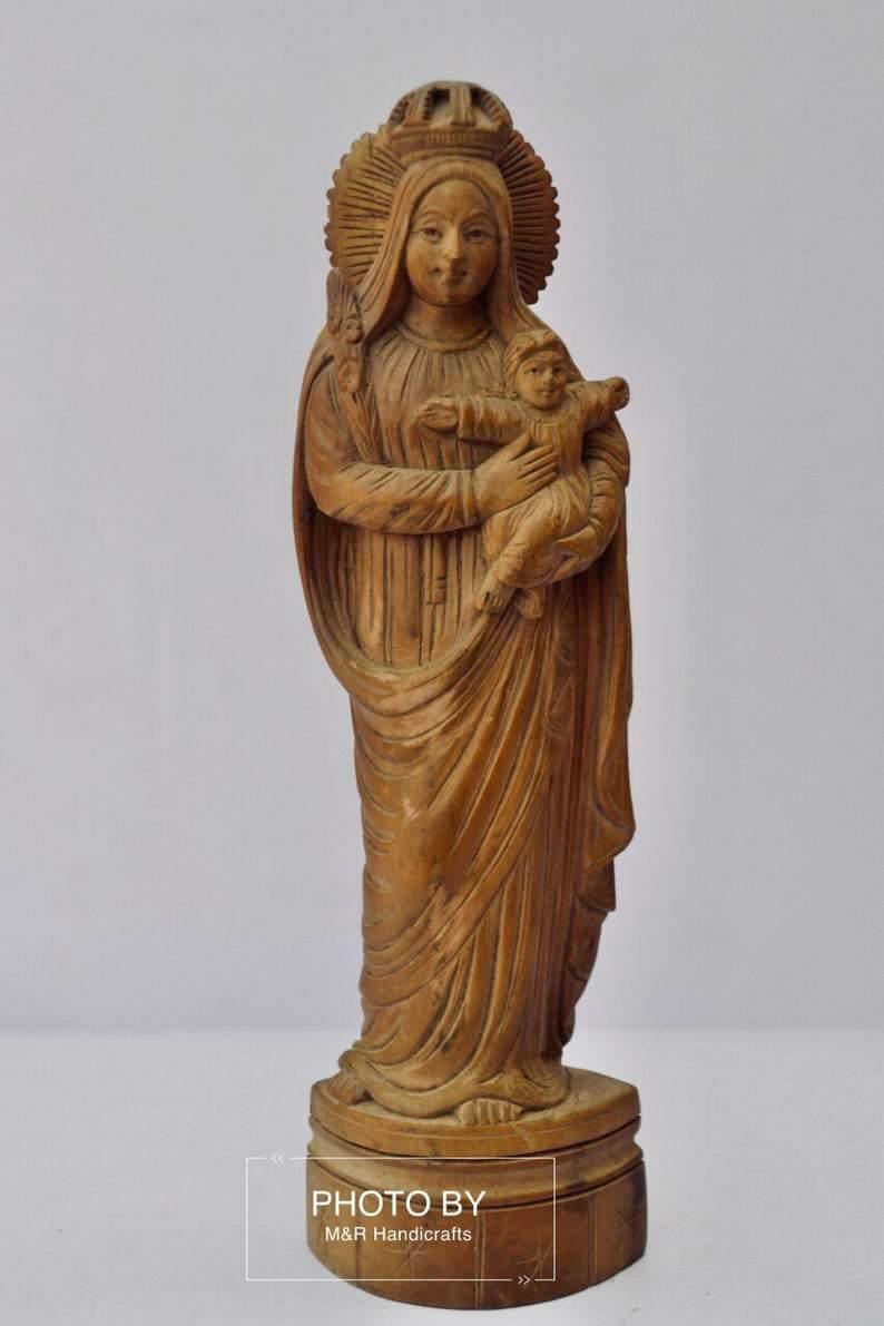 Antique Sandalwood Carved Mother Mary with Infant Jesus statue - Arts99 - Online Art Gallery