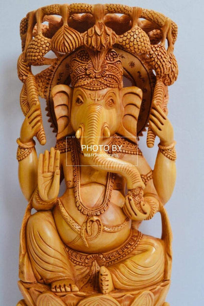 Wooden Fine Carved Ganesha Statue Under Tree - Arts99 - Online Art Gallery