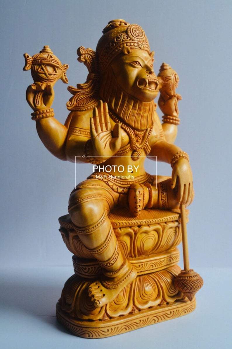 Wooden Fine Carved Lord Narasimha Statue - Arts99 - Online Art Gallery