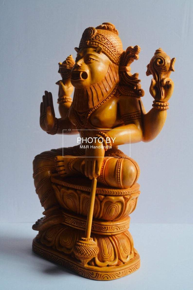 Wooden Fine Carved Lord Narasimha Statue - Arts99 - Online Art Gallery