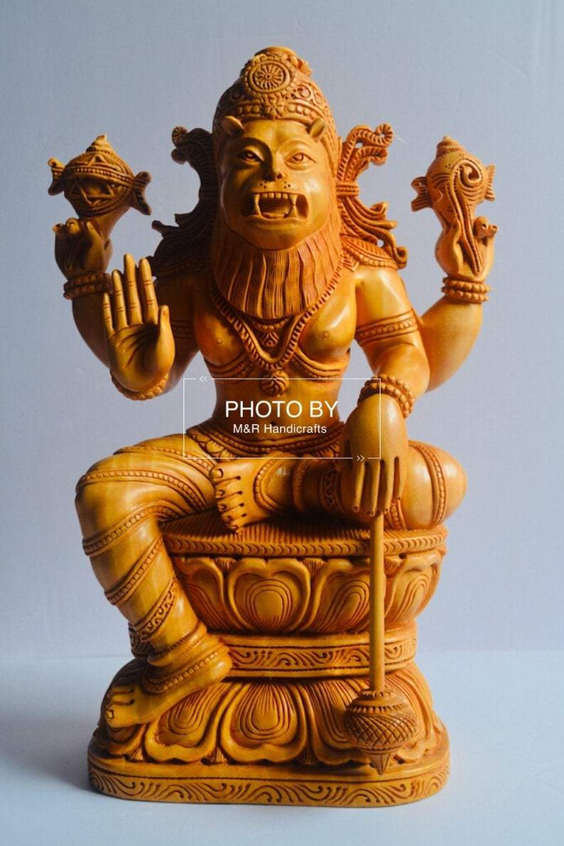 Wooden Fine Carved Lord Narasimha Statue - Arts99 - Online Art Gallery