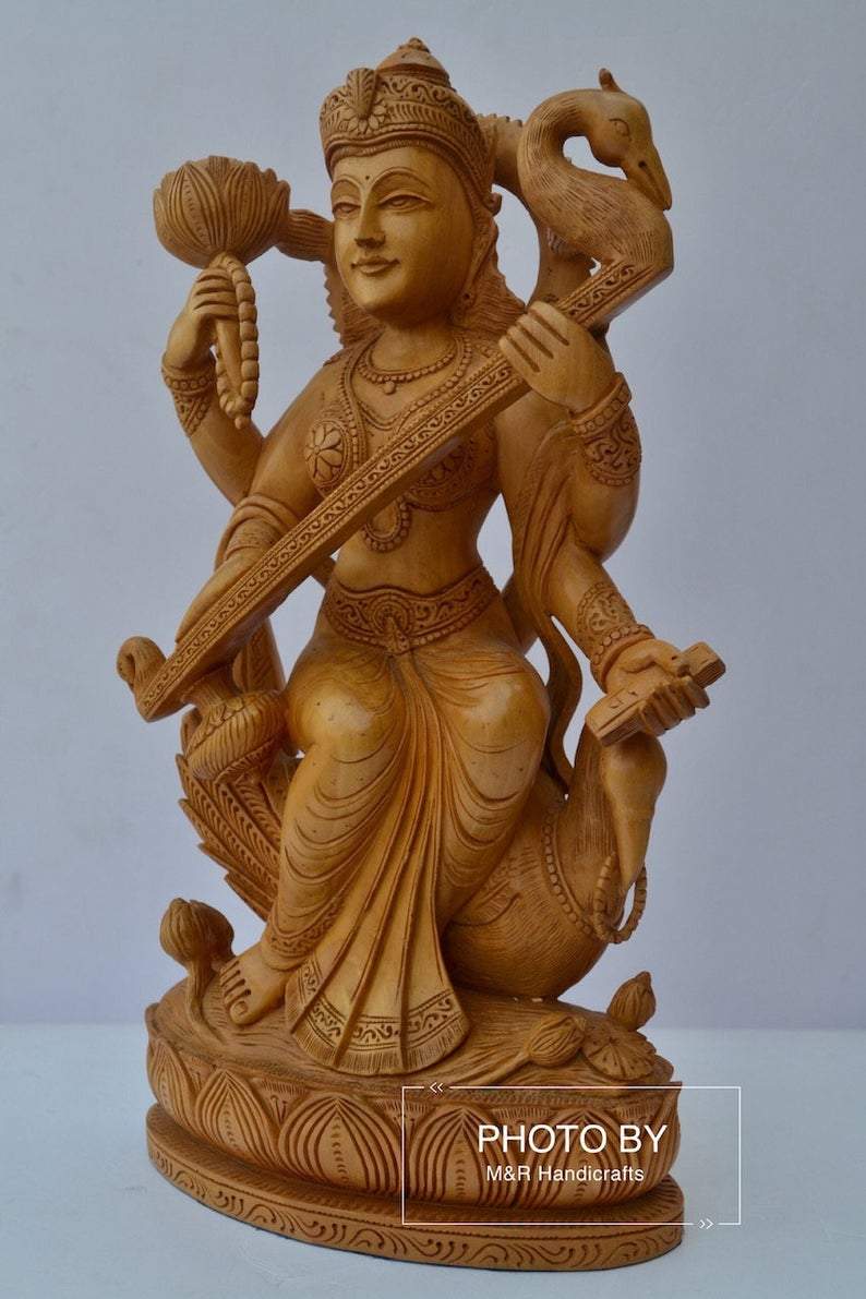Beautifully Hand Carved Wooden Goddess Saraswati Statue - Arts99 - Online Art Gallery