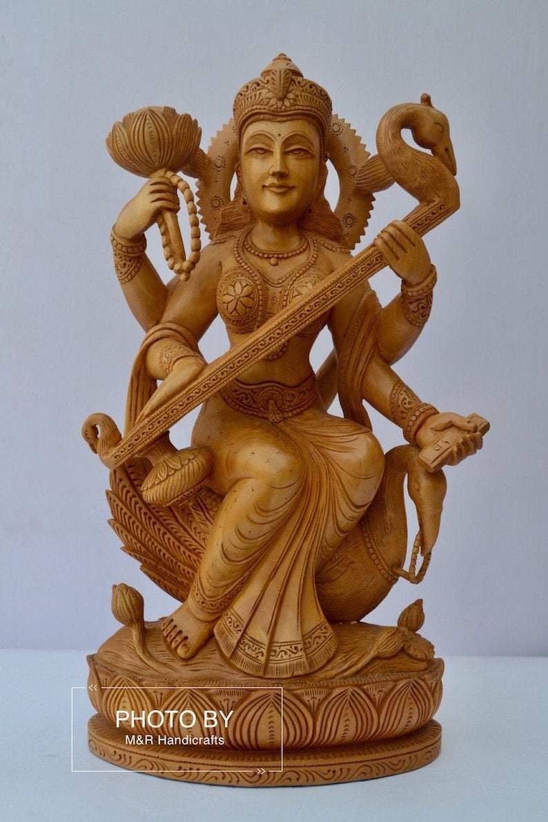 Beautifully Hand Carved Wooden Goddess Saraswati Statue - Arts99 - Online Art Gallery
