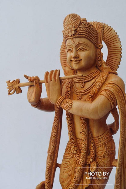 Wooden Very Beautifully Hand Carved Smiling Lord Krishna Statue - Arts99 - Online Art Gallery