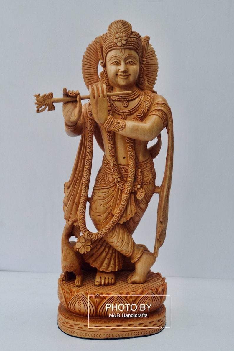 Wooden Very Beautifully Hand Carved Smiling Lord Krishna Statue - Arts99 - Online Art Gallery