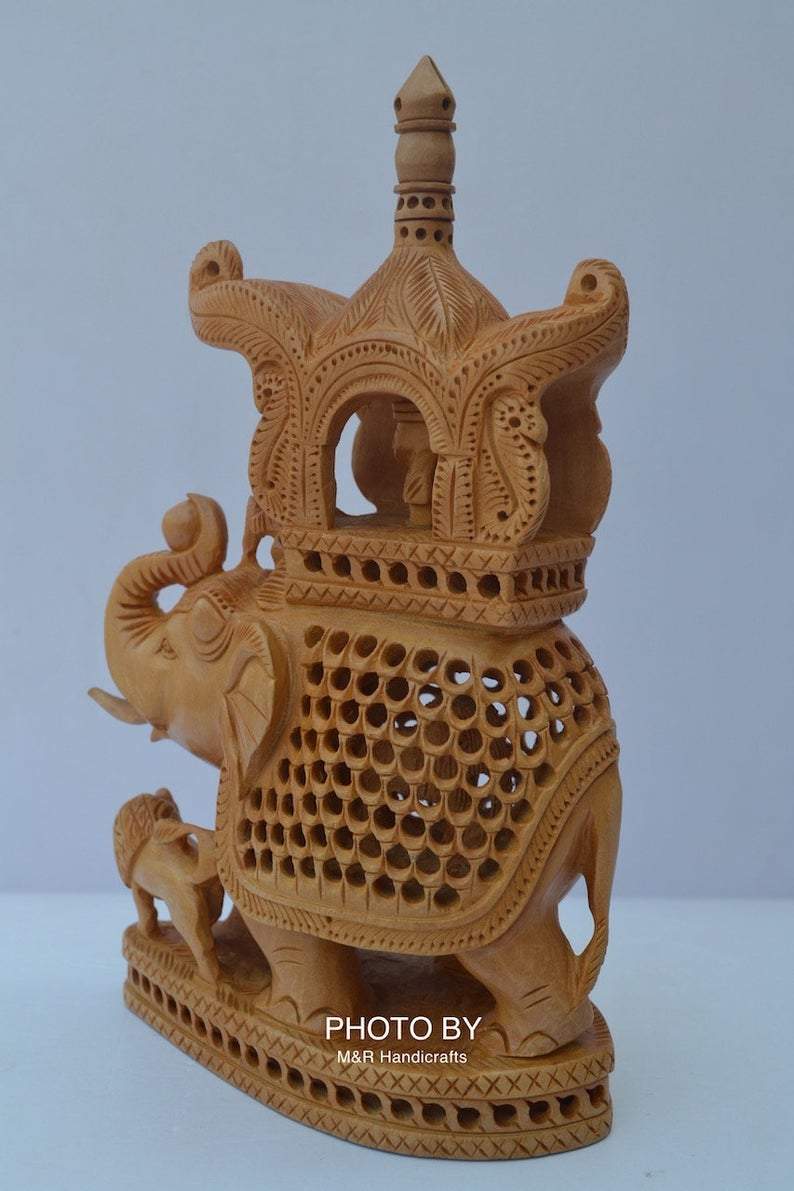 Wooden Hand Carved Under Cut Ambabari Elephant Statue - Arts99 - Online Art Gallery