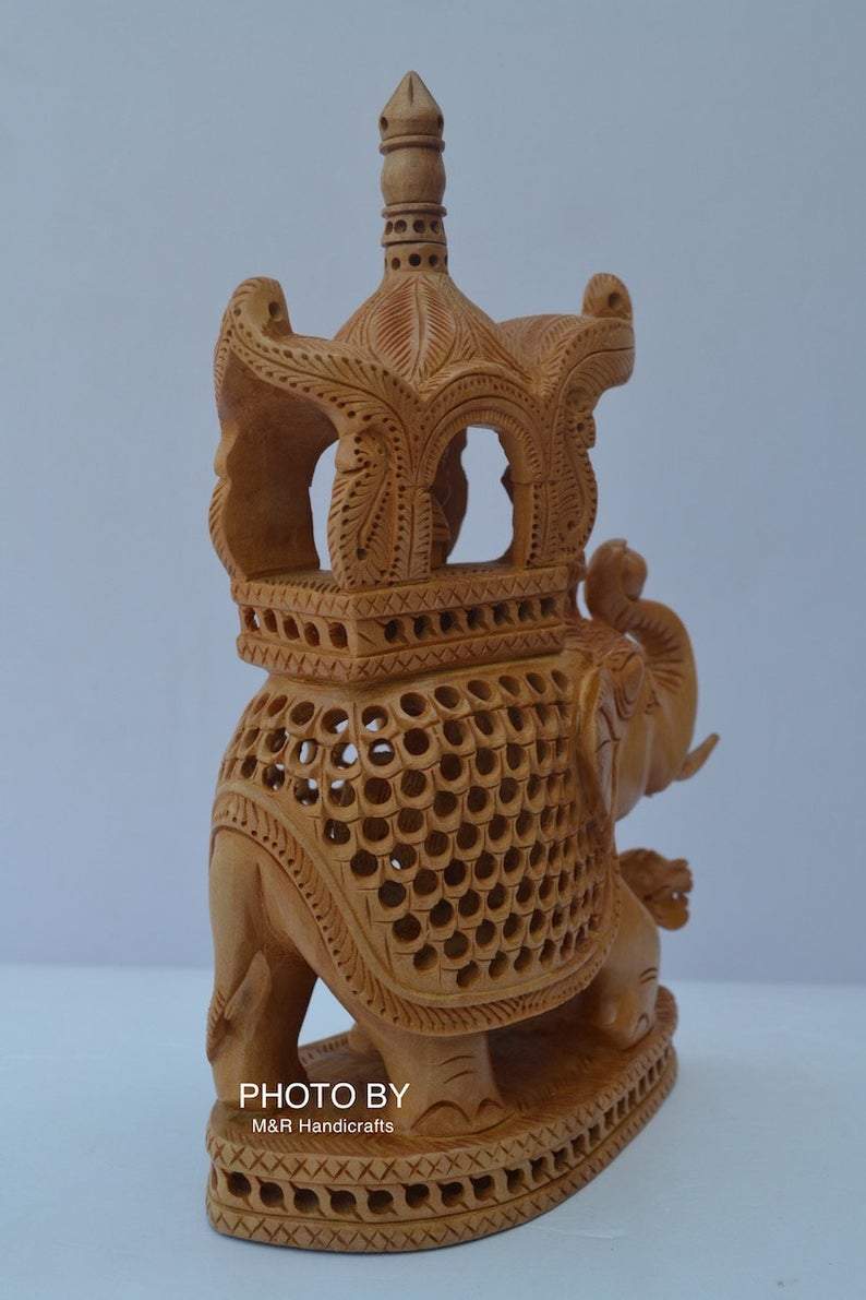 Wooden Hand Carved Under Cut Ambabari Elephant Statue - Arts99 - Online Art Gallery