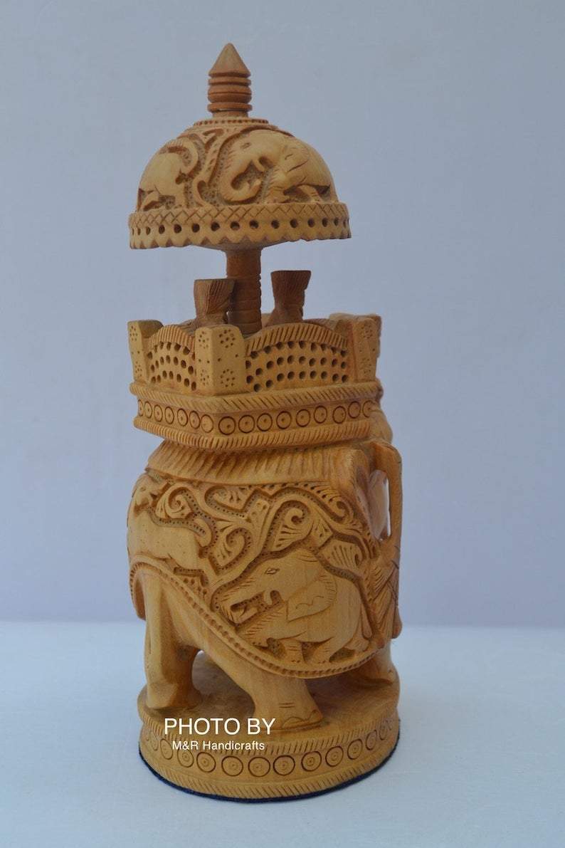 Wooden Hand Carved Round Ambabari Elephant Safari Statue - Arts99 - Online Art Gallery