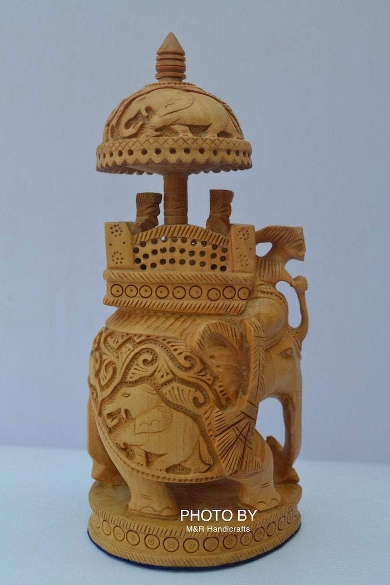 Wooden Hand Carved Round Ambabari Elephant Safari Statue - Arts99 - Online Art Gallery