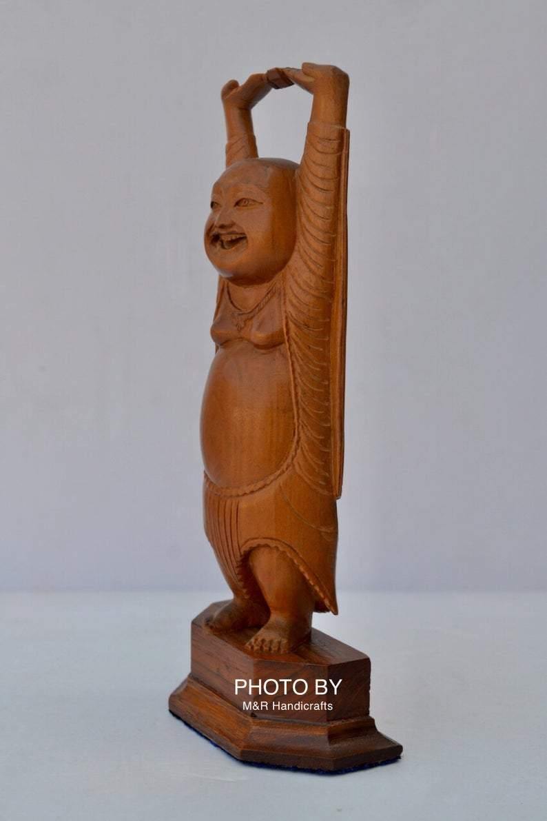 Vintage Sandalwood Carved Happy Man Laughing Buddha Statue - Arts99 - Online Art Gallery