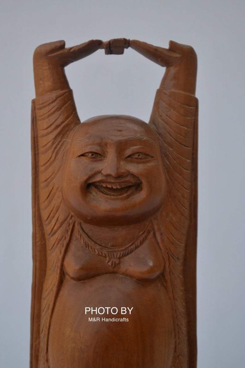Vintage Sandalwood Carved Happy Man Laughing Buddha Statue - Arts99 - Online Art Gallery