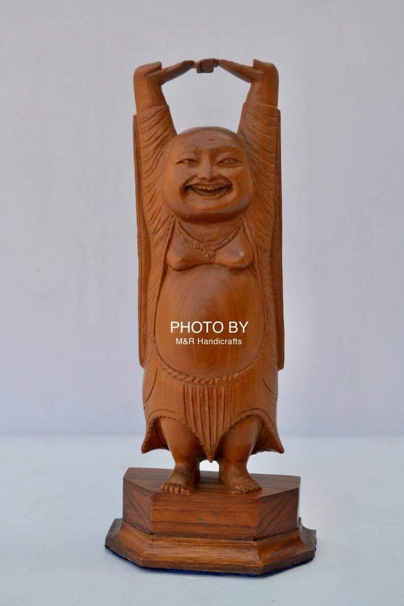 Vintage Sandalwood Carved Happy Man Laughing Buddha Statue - Arts99 - Online Art Gallery