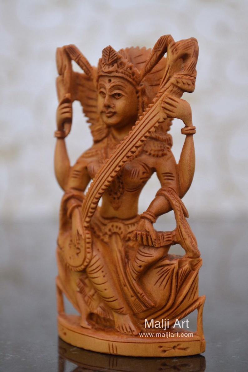 Sandalwood Beautifully Carved Goddess Saraswati Statue - Arts99 - Online Art Gallery