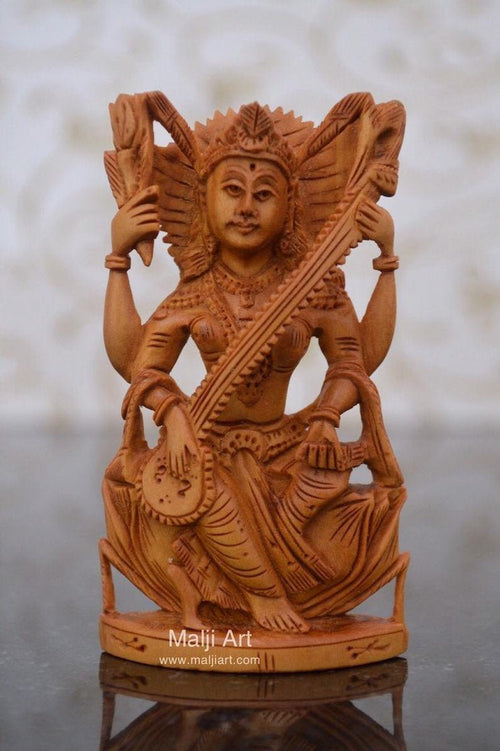 Sandalwood Beautifully Carved Goddess Saraswati Statue - Arts99 - Online Art Gallery